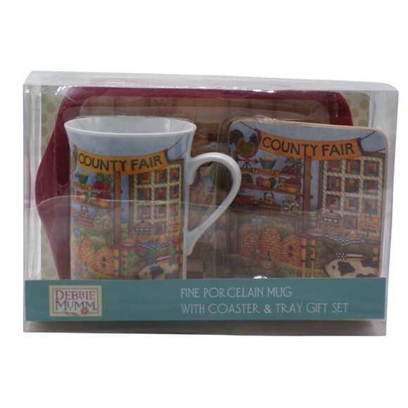 Debbie Mumm COUNTY FAIR Fine Porcelain Mug With Coaster & Tray Gift Set NIB - Picture 1 of 6